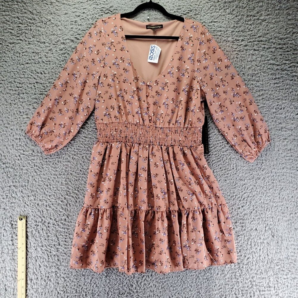 Always Indigo Dress Womens 1X Pink Floral Smocked Waist V-Neck Mini